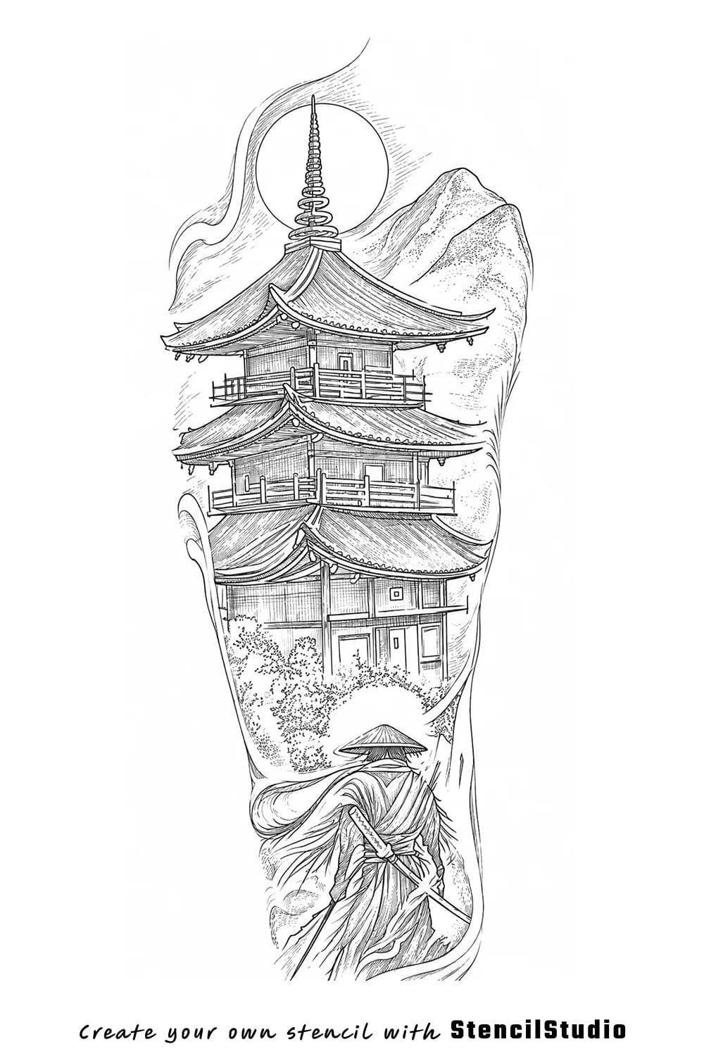 samurai pagoda landscape tattoo stencil example