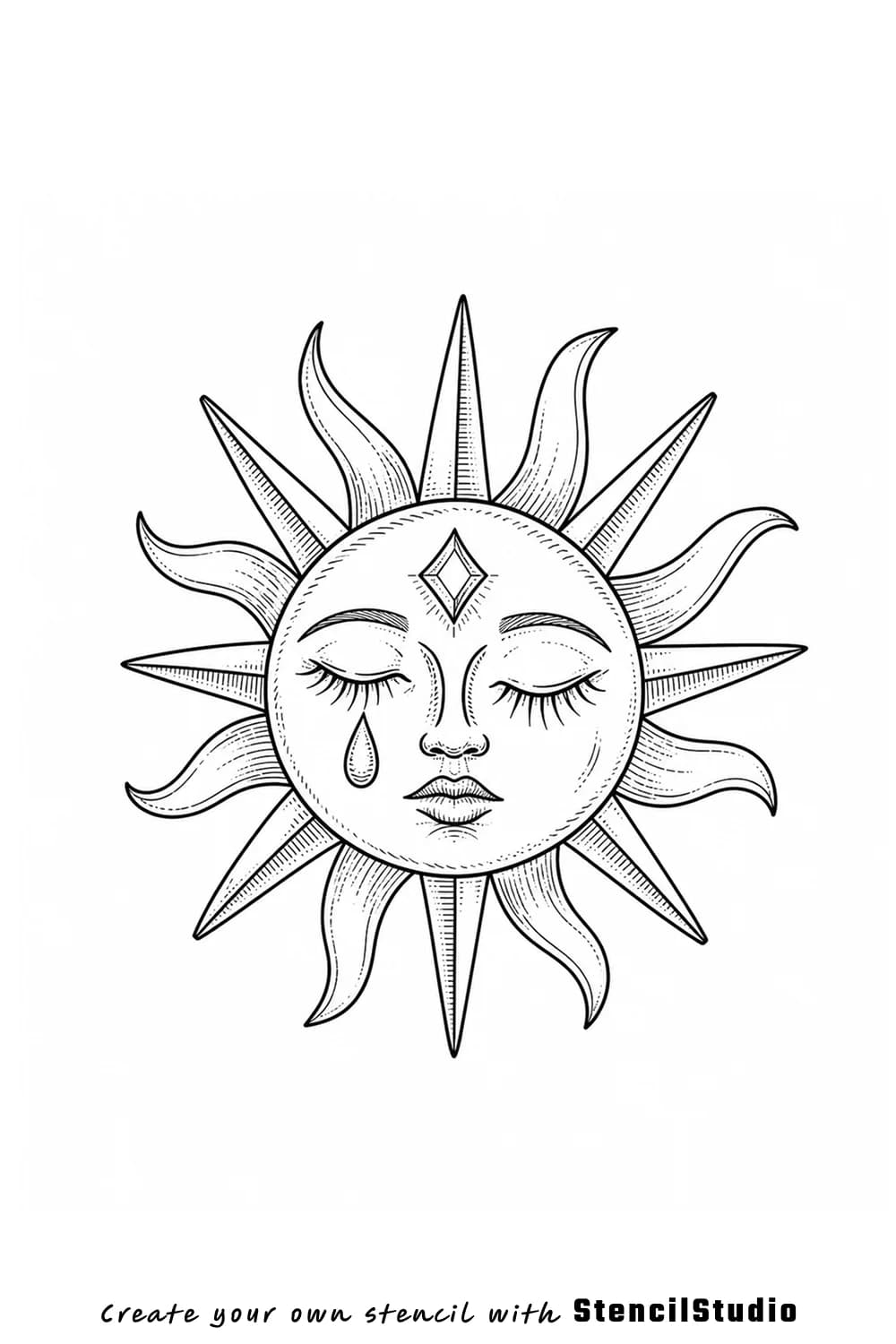 crying celestial sun tattoo stencil example