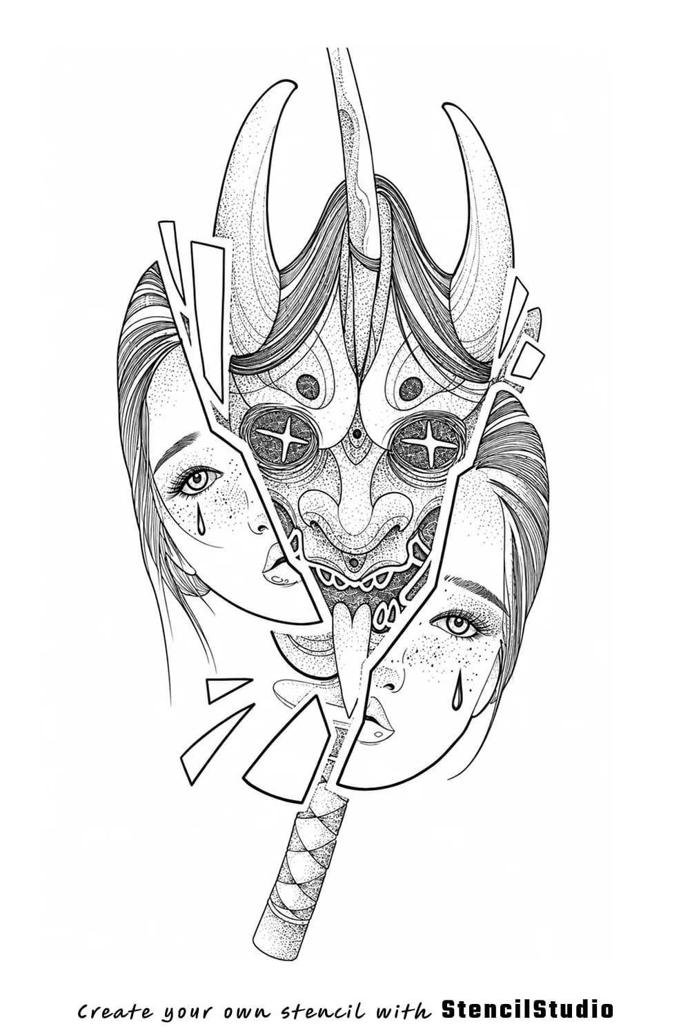 hannya mask with katana tattoo stencil example