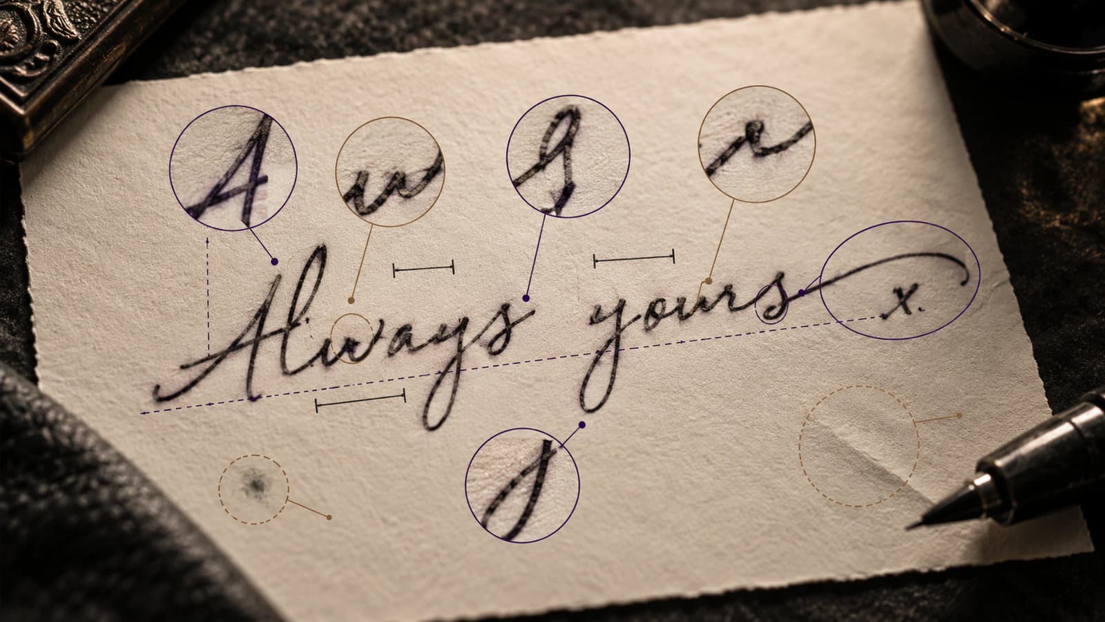 Synthetic handwriting identity map showing letter shape, joins, spacing, baseline, terminal strokes, ascenders, and intentional irregularity to preserve during stencil preparation