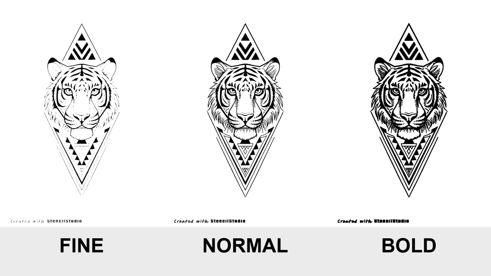 The same tattoo stencil shown with Fine, Normal, and Bold line weight