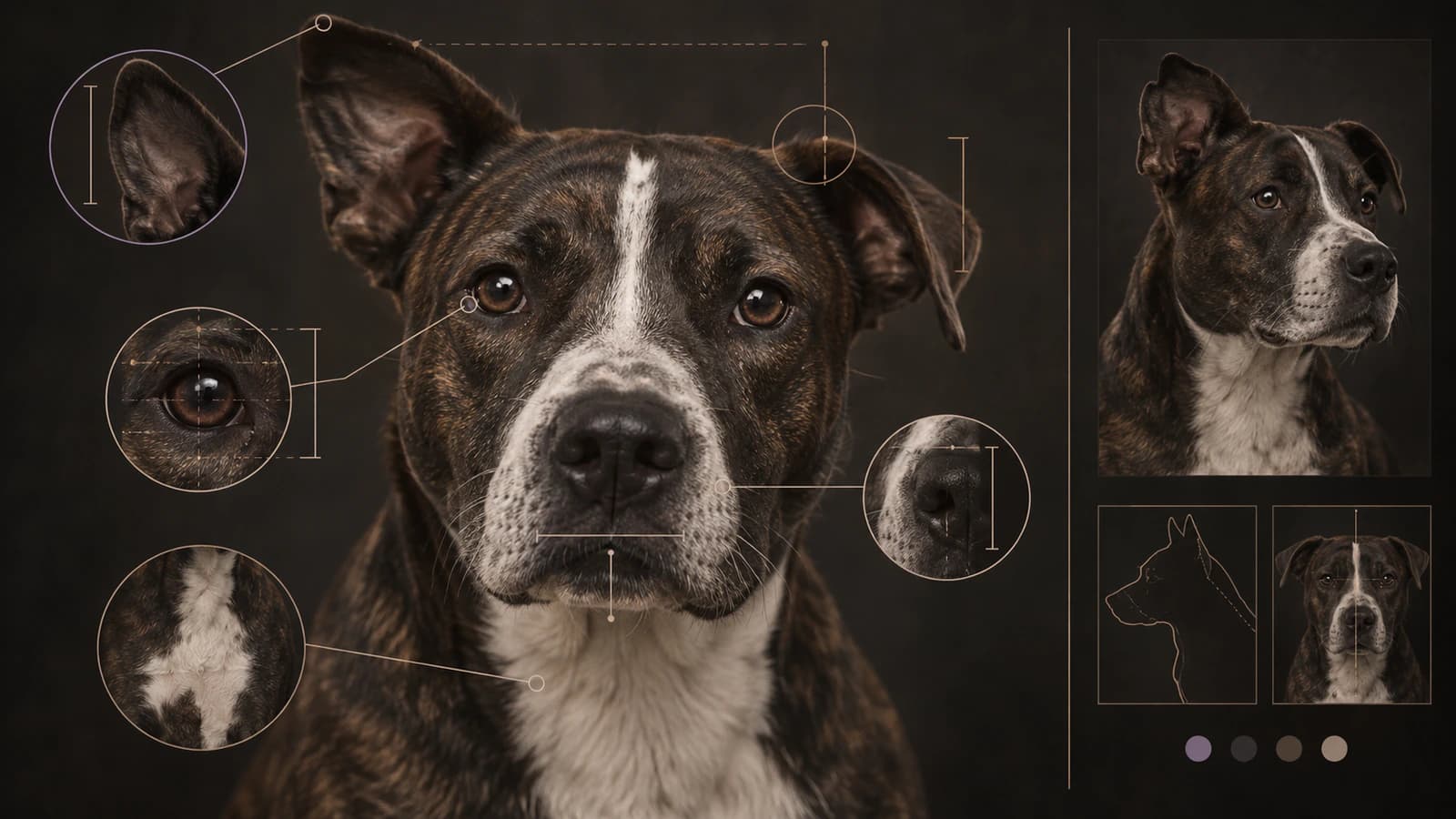 Pet portrait likeness identity map showing ear set, eye relationship, muzzle, silhouette, asymmetry and coat markings as higher-priority identity evidence than micro-fur texture