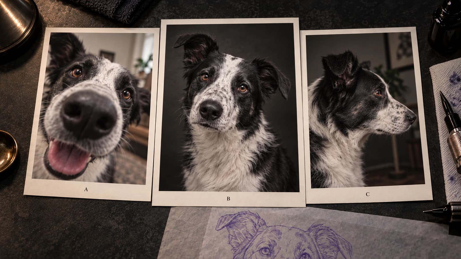Synthetic pet source-selection diagram comparing a close distorted photo, a strong primary reference, and a technically useful but incomplete supporting photo