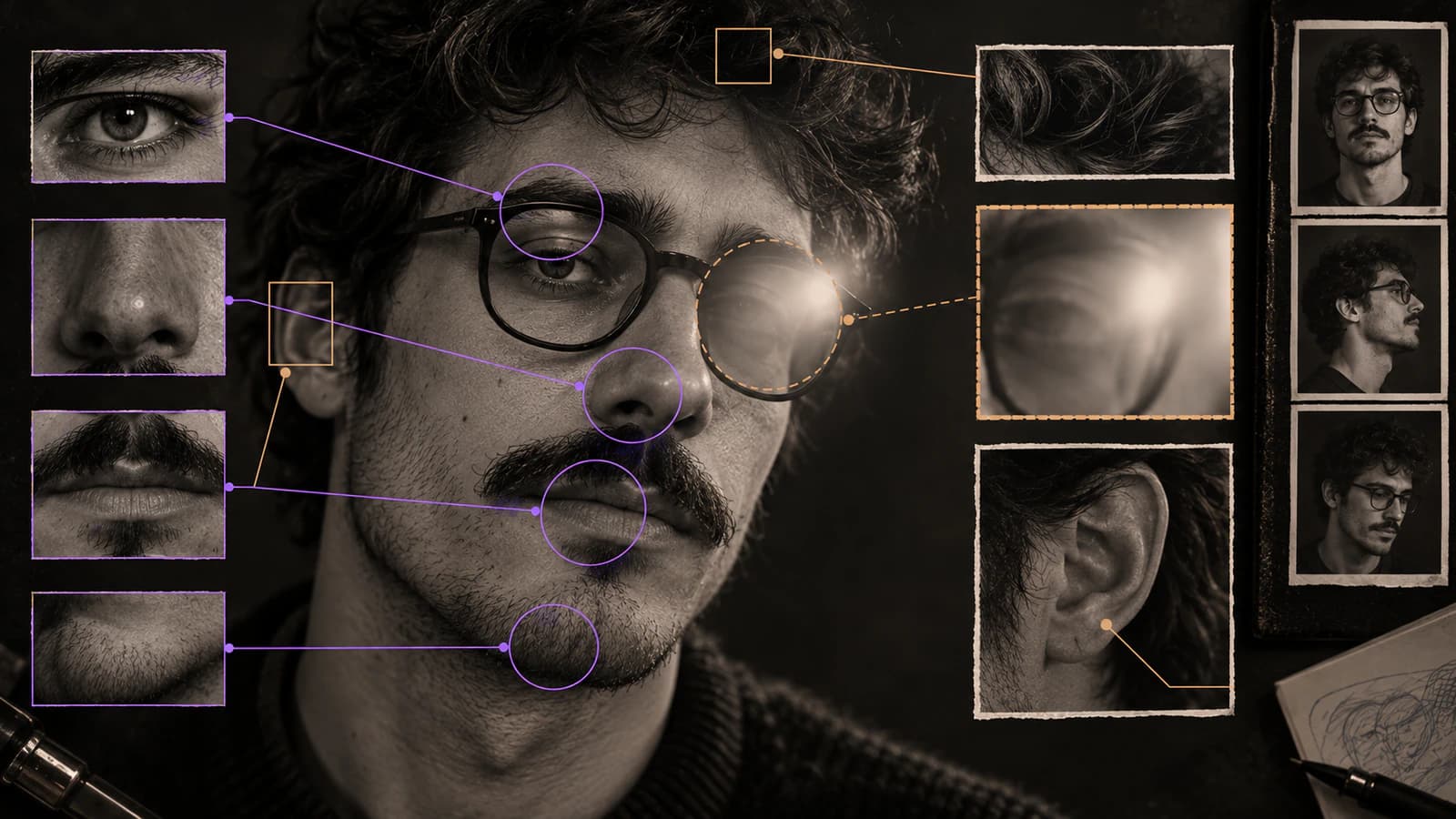 Portrait reference map marking clear identity landmarks, an uncertain eye region, supporting hair and ear cues, and low-priority cheek texture before stencil generation