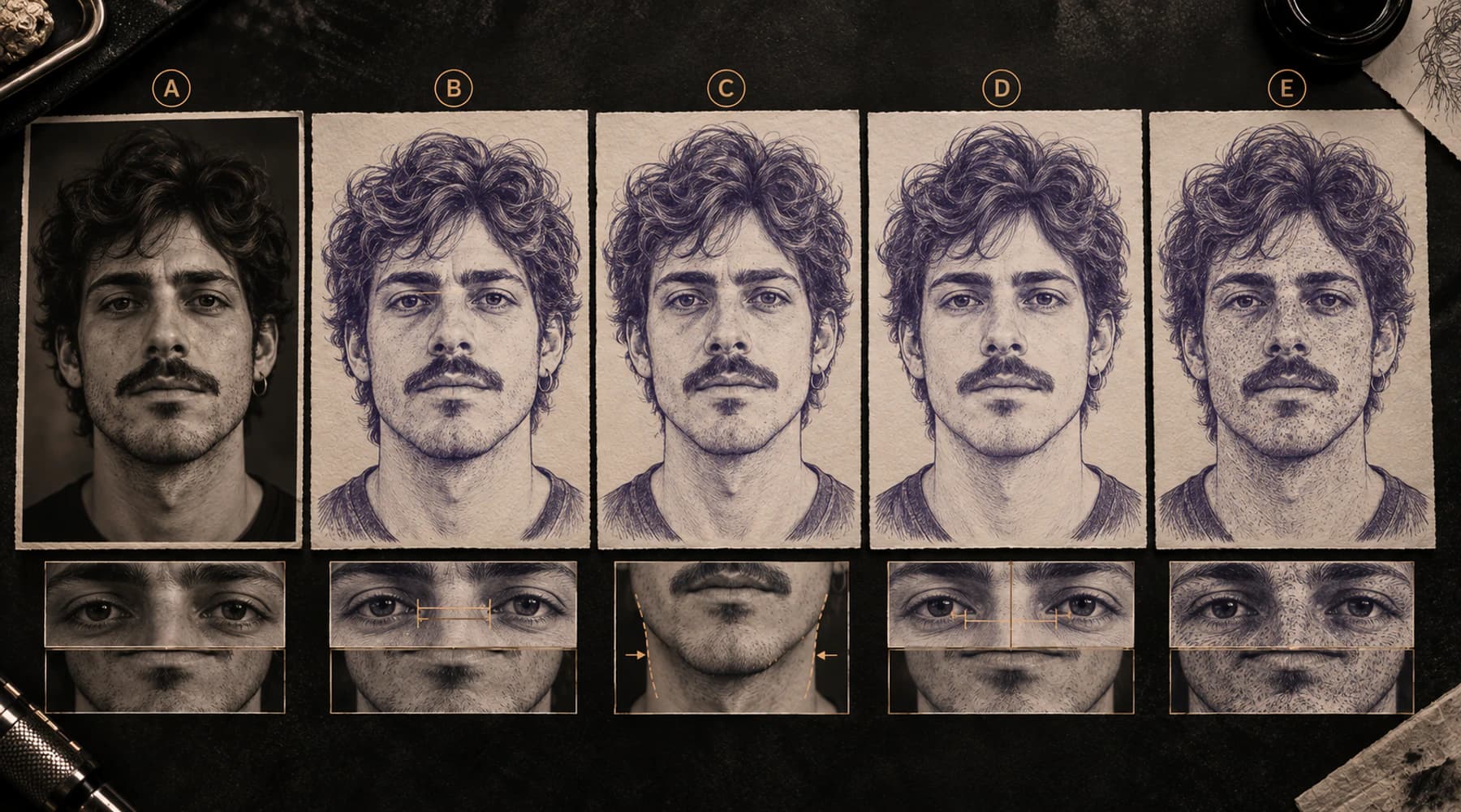 Portrait likeness diagnostic showing the same simplified face with changed eye spacing, jaw width, symmetry, and added texture