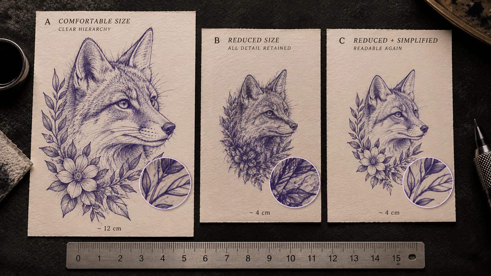 Final-size tattoo stencil readability comparison showing the same information becoming crowded when reduced, then selectively simplified