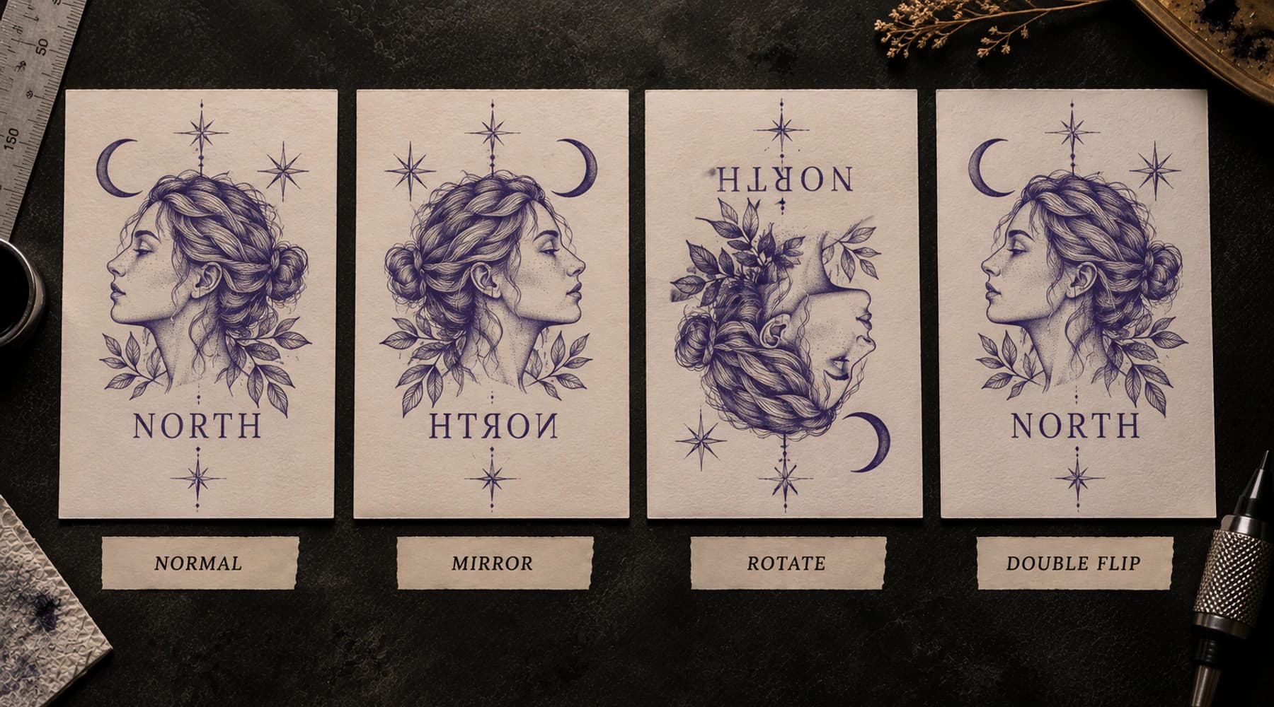 Diagram comparing intended tattoo stencil orientation, horizontal mirroring, rotation and repeated horizontal flip states