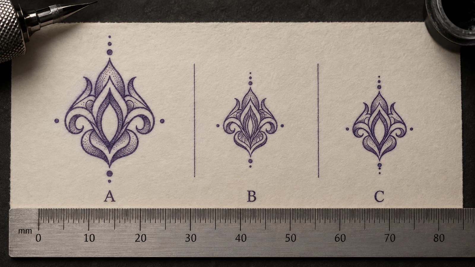 Tattoo stencil final-size comparison showing an important negative-space gap becoming too tight, then reopening after selective simplification