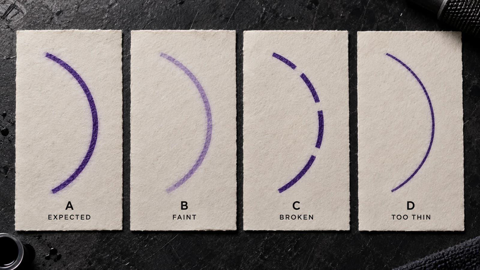 Expected, faint, broken, and too-thin tattoo stencil printer lines compared to isolate continuity failure