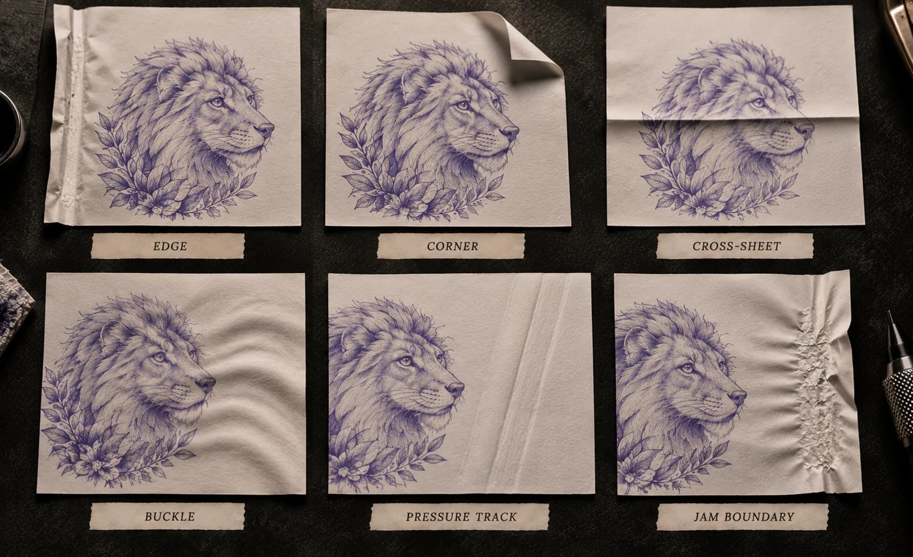 Tattoo stencil printer paper deformation diagnostic showing an edge crease, corner catch, cross-sheet crease, local buckle, pressure track and jam boundary
