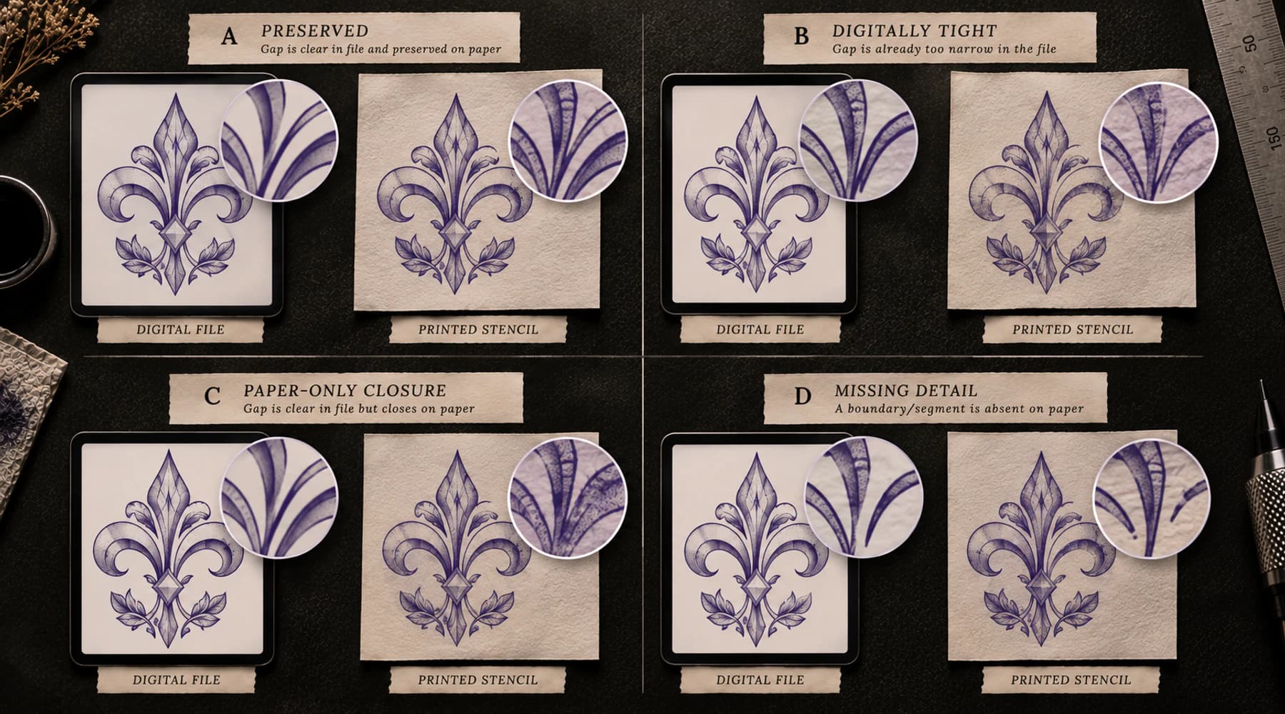 File versus paper tattoo stencil comparison showing preserved gaps, digitally tight gaps, paper-only gap closure, and missing detail