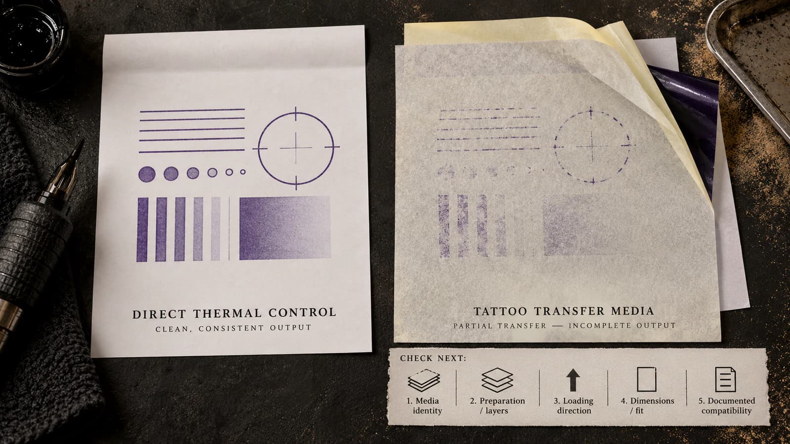 Thermal test paper printing correctly while tattoo transfer paper fails, narrowing the next checks to paper type, preparation, loading, fit, and compatibility