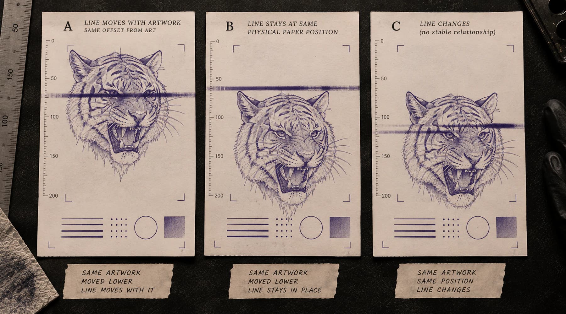 Comparison showing an unwanted black line moving with artwork, staying in the same paper position, or changing between controlled prints