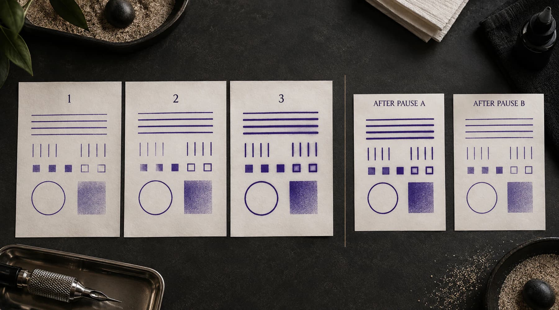 Synthetic repeat-print sequence showing a passing first stencil print, later mark-mass growth, gap closure, and two possible post-pause outcomes