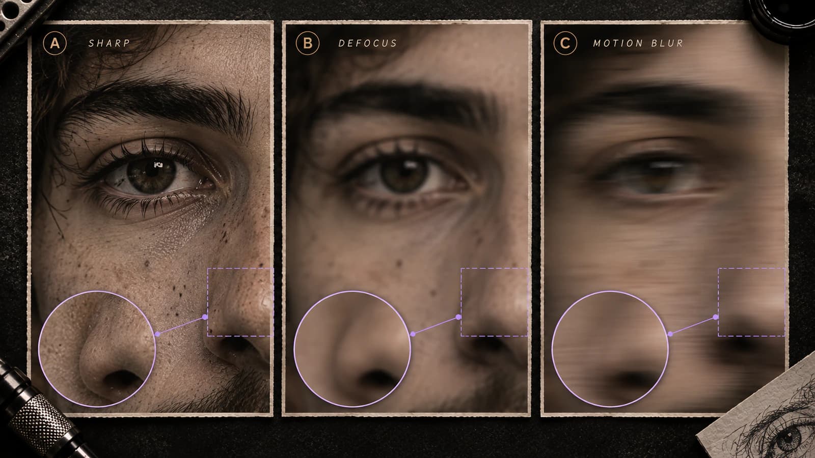 Clear, defocused, and motion-blurred reference edges compared to show increasing uncertainty about the original feature position
