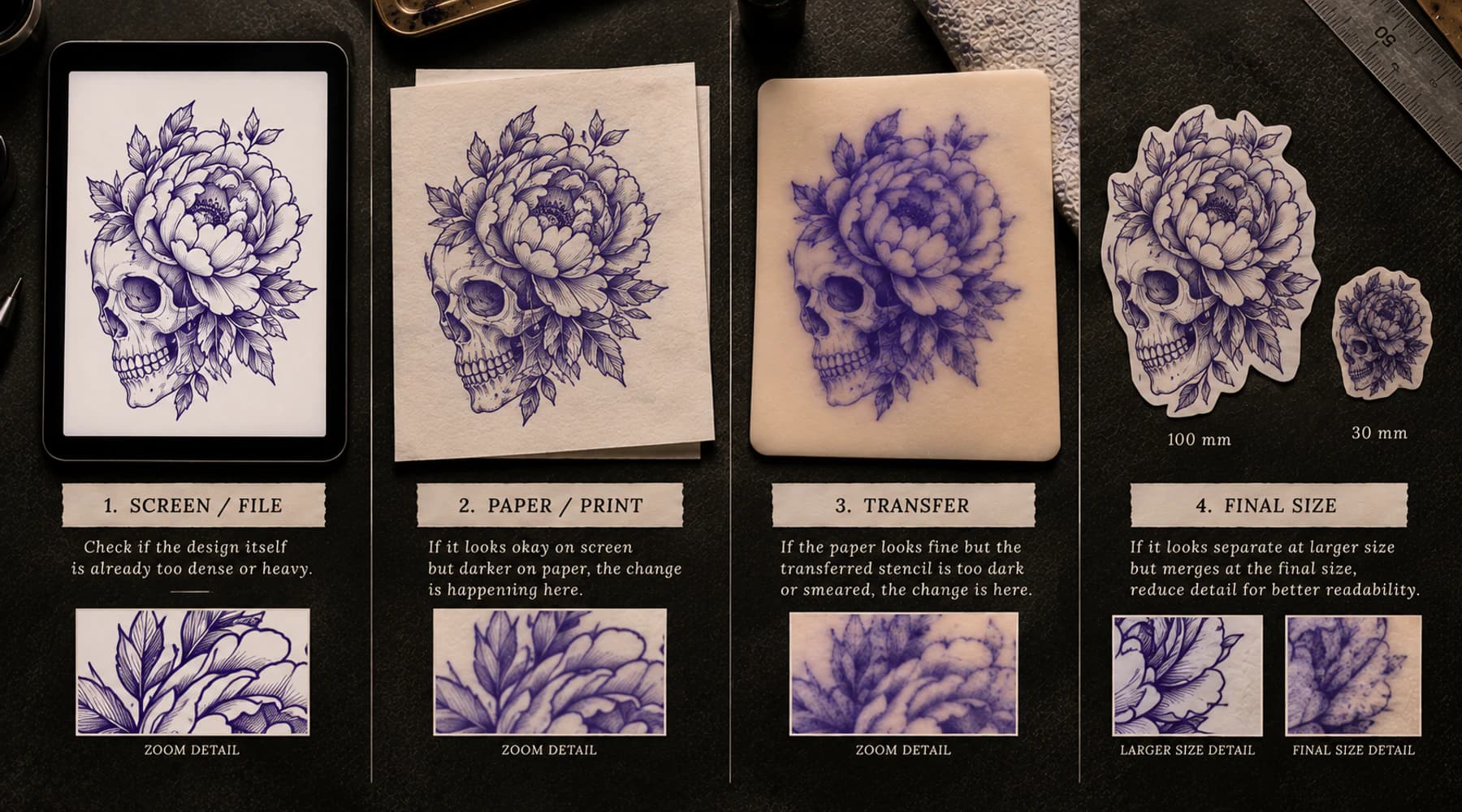Stage-based tattoo stencil too-dark diagnostic comparing screen, paper, transfer, and final-size checkpoints