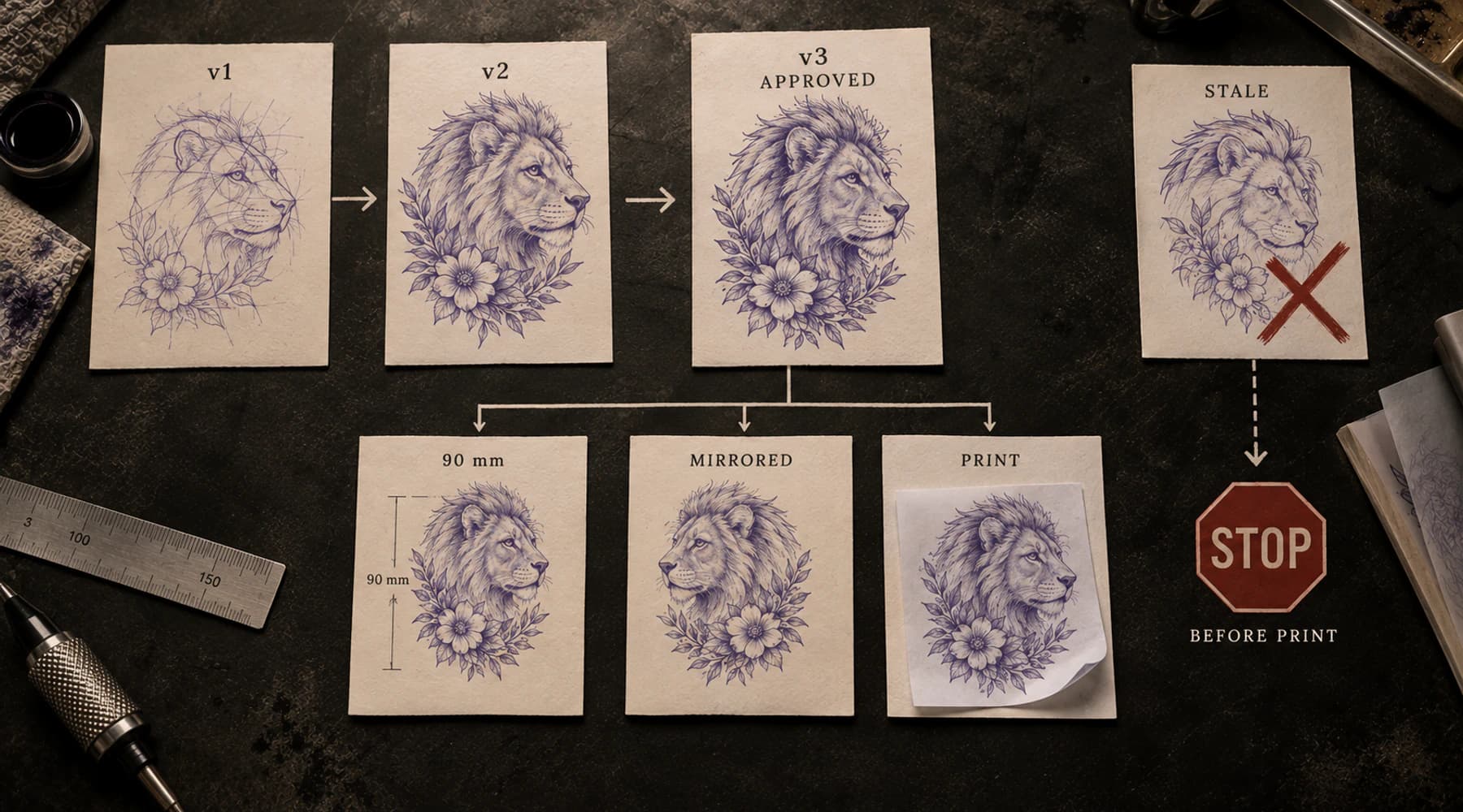 Tattoo stencil revision traceability diagram showing working revisions, an approved design freeze, production variants, an exact print artifact, and a stale export stop path