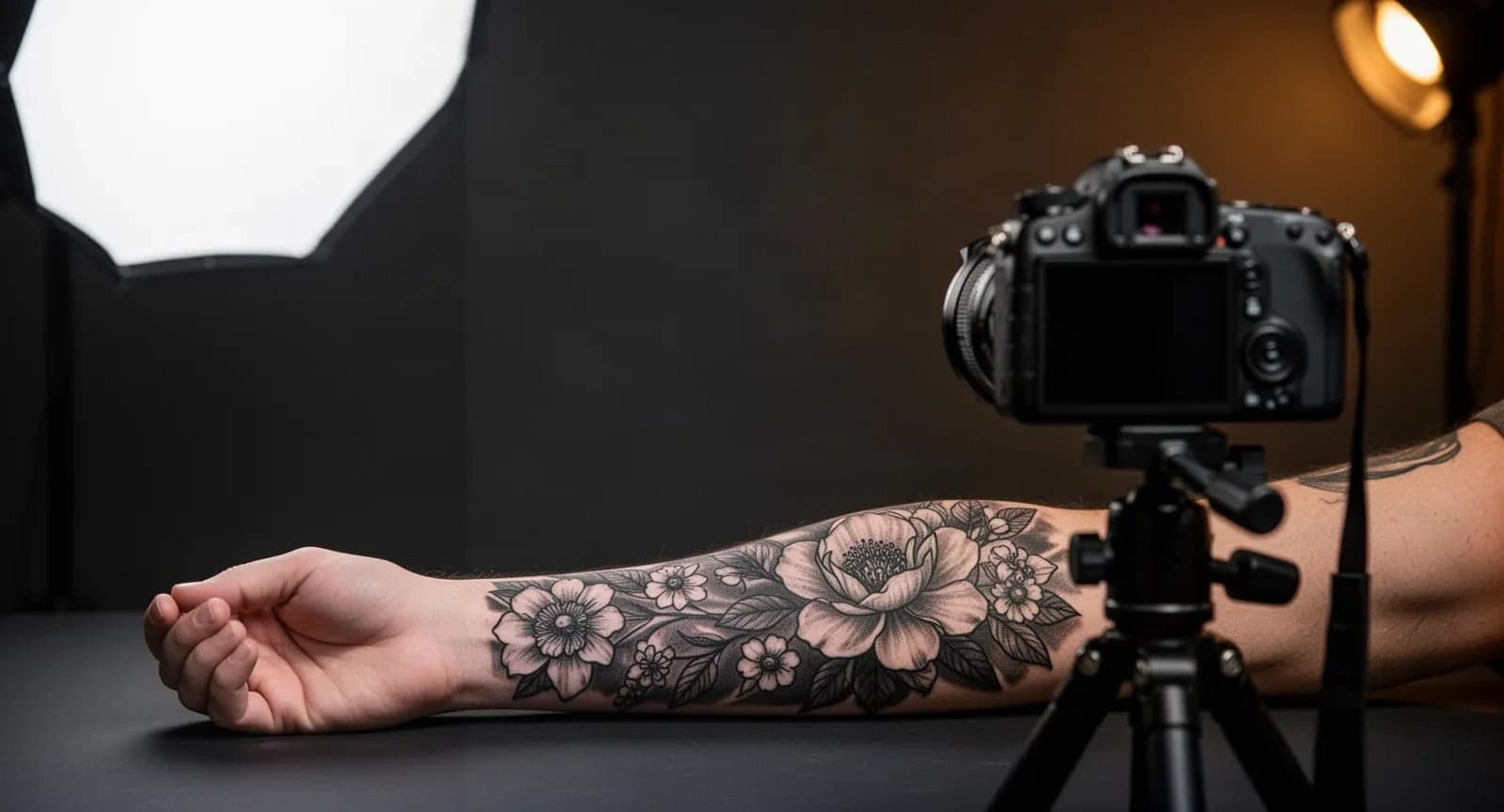Illustration of a tattooed forearm photographed under a large diffused studio light, with a camera on a tripod kept square to the skin
