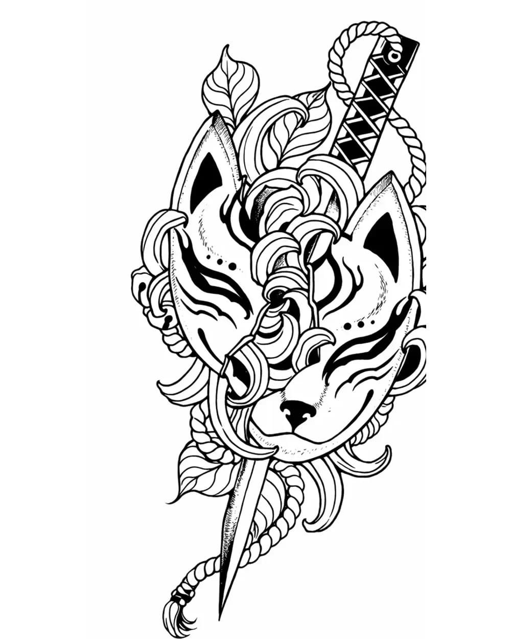 Two kitsune masks and sword tattoo stencil with floral and leaf ornament
