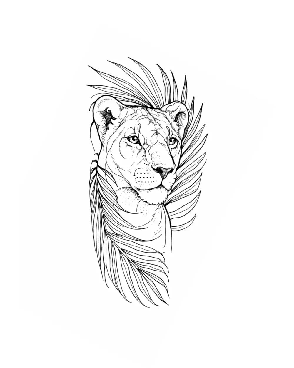 Lioness profile realism tattoo stencil with readable muzzle, eye, ear, and large facial planes