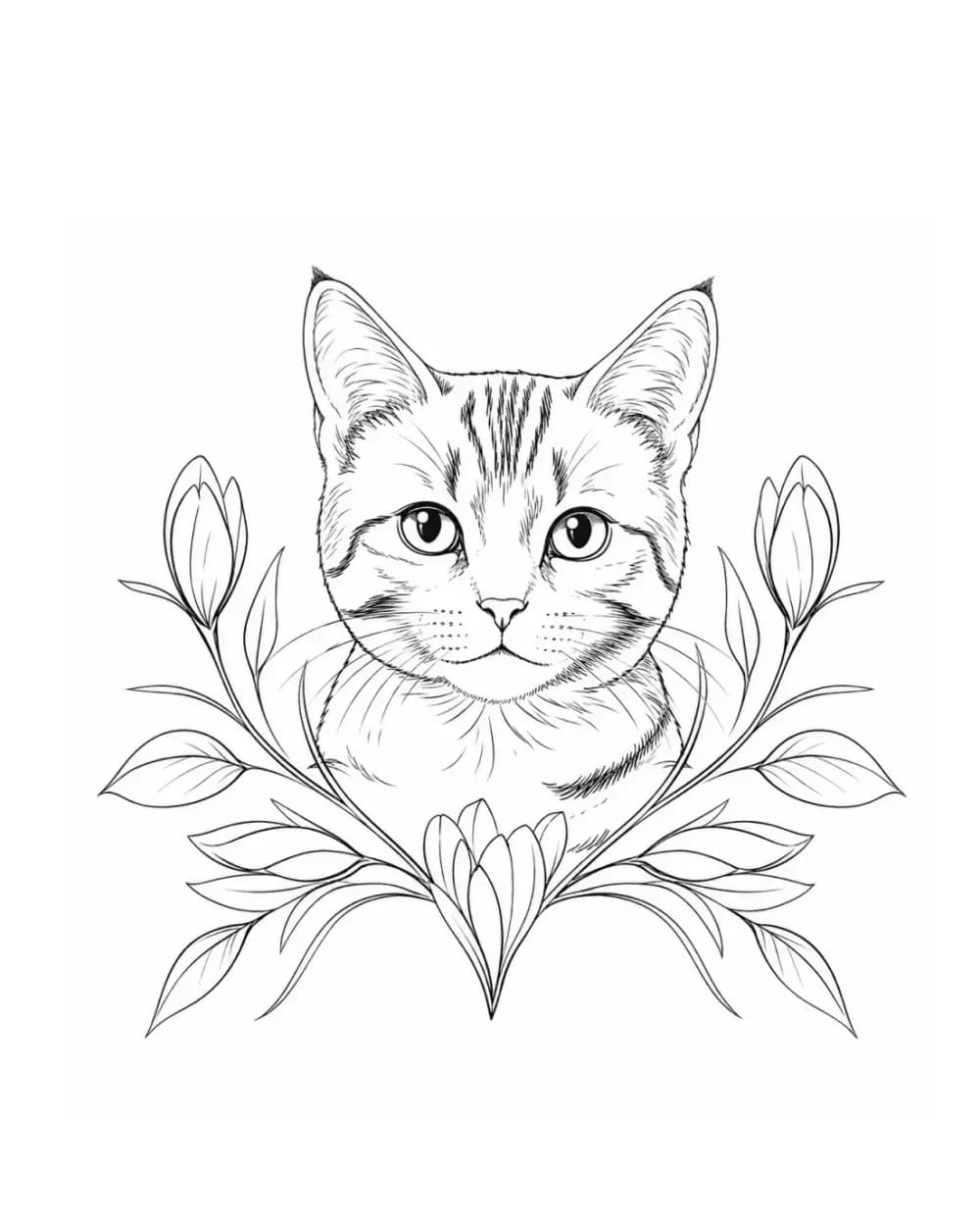 Detailed tabby cat realism tattoo stencil with facial landmarks, coat markings, and controlled floral framing