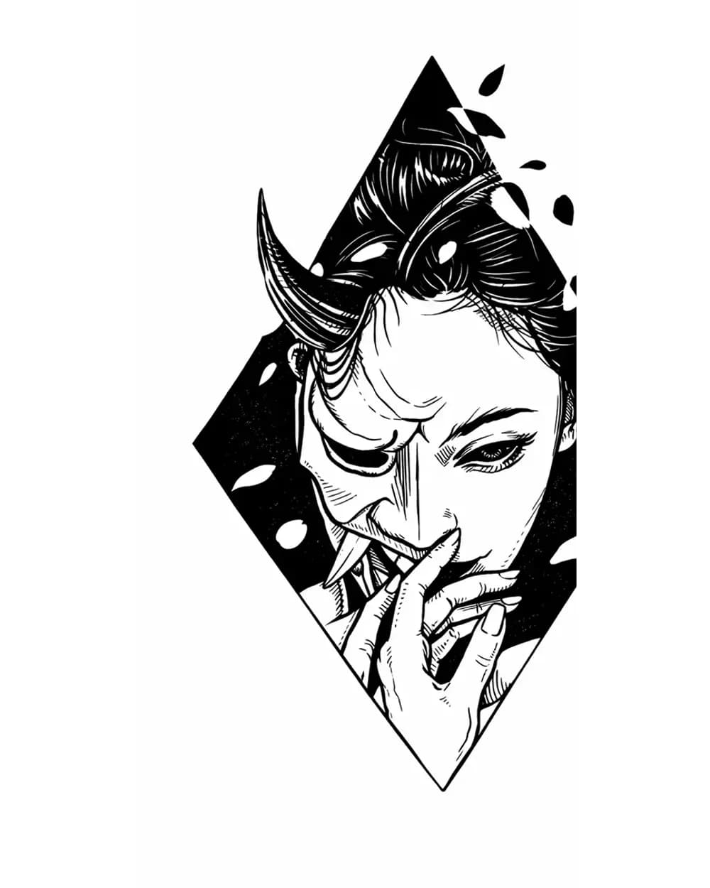 Anime Tattoo Stencil Group example featuring oni portrait linework and readable silhouette