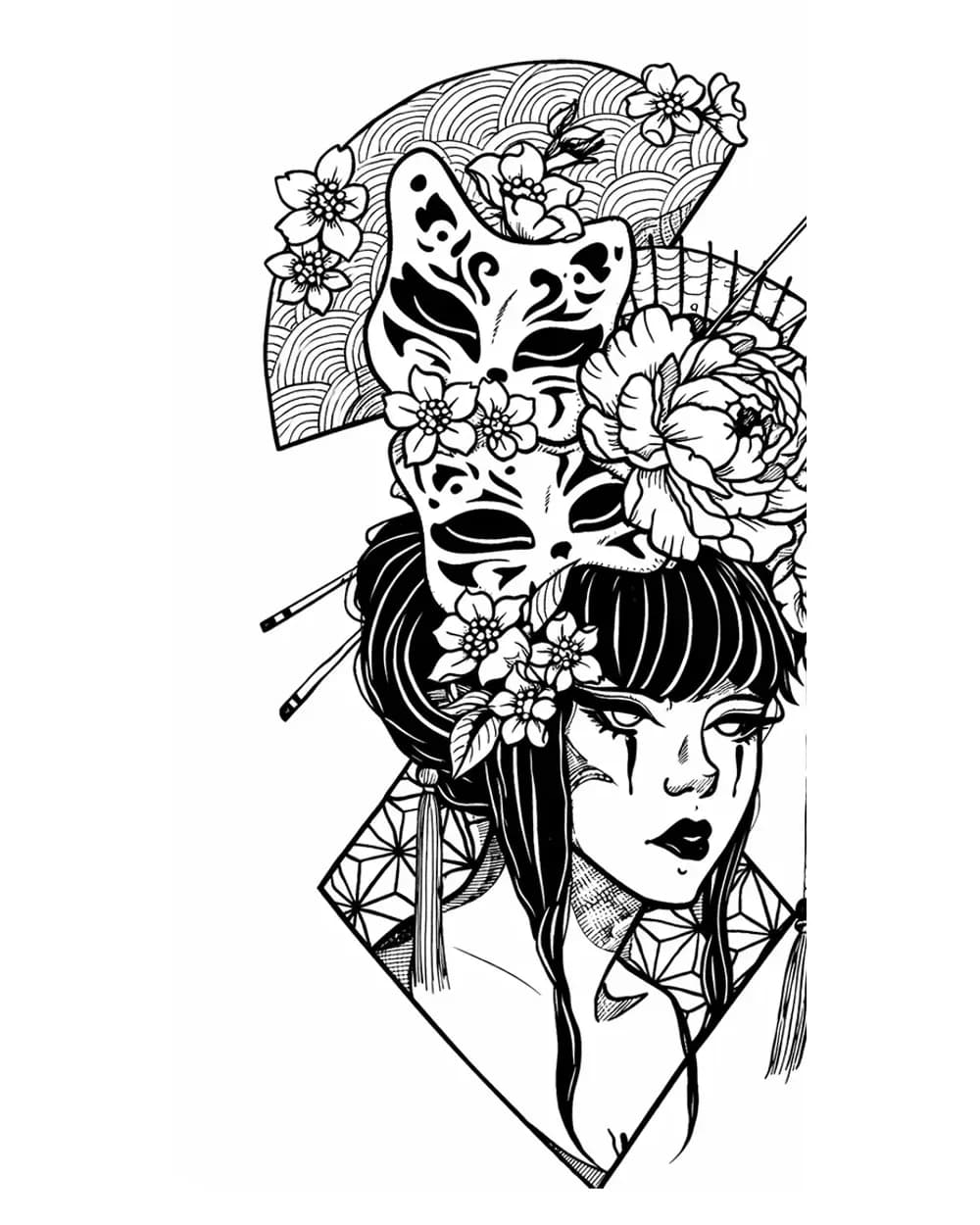 Japanese woman portrait and kitsune mask tattoo stencil with flowers, fan, and hair ornament