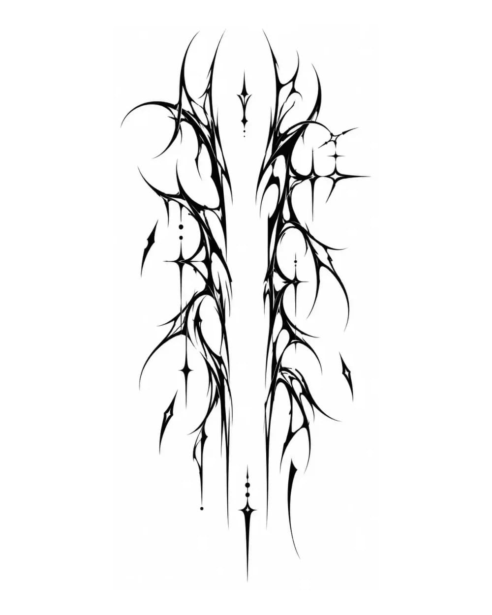 Broken bilateral Cybersigilism tattoo stencil with a central negative-space channel