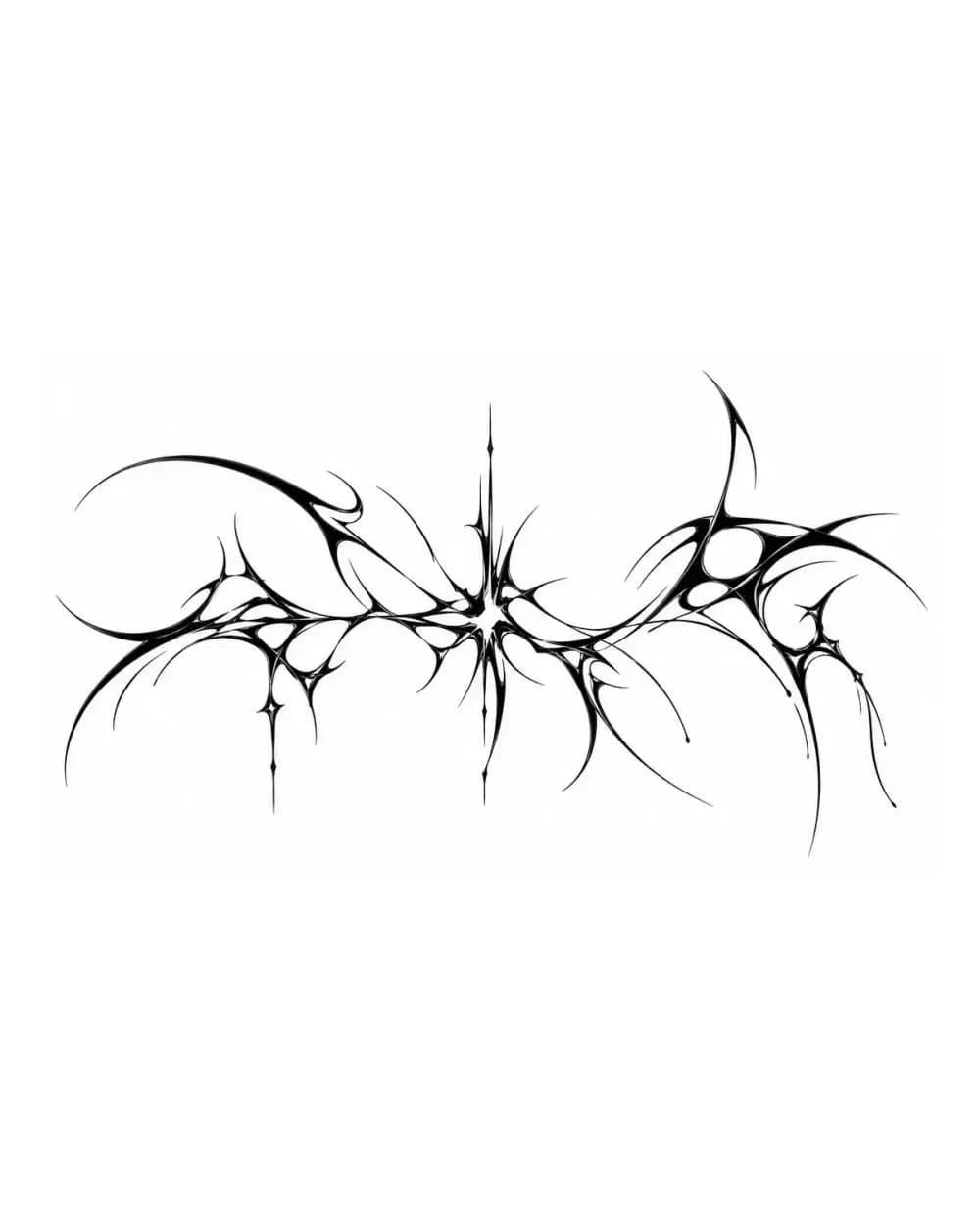 Wide lateral Cybersigilism tattoo stencil with sweeping whip lines