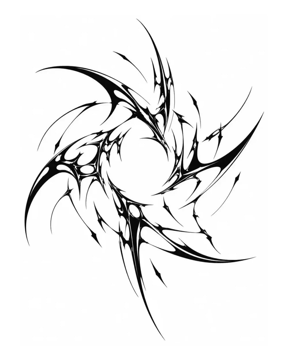 Radial orbital Cybersigilism tattoo stencil with irregular curved blades