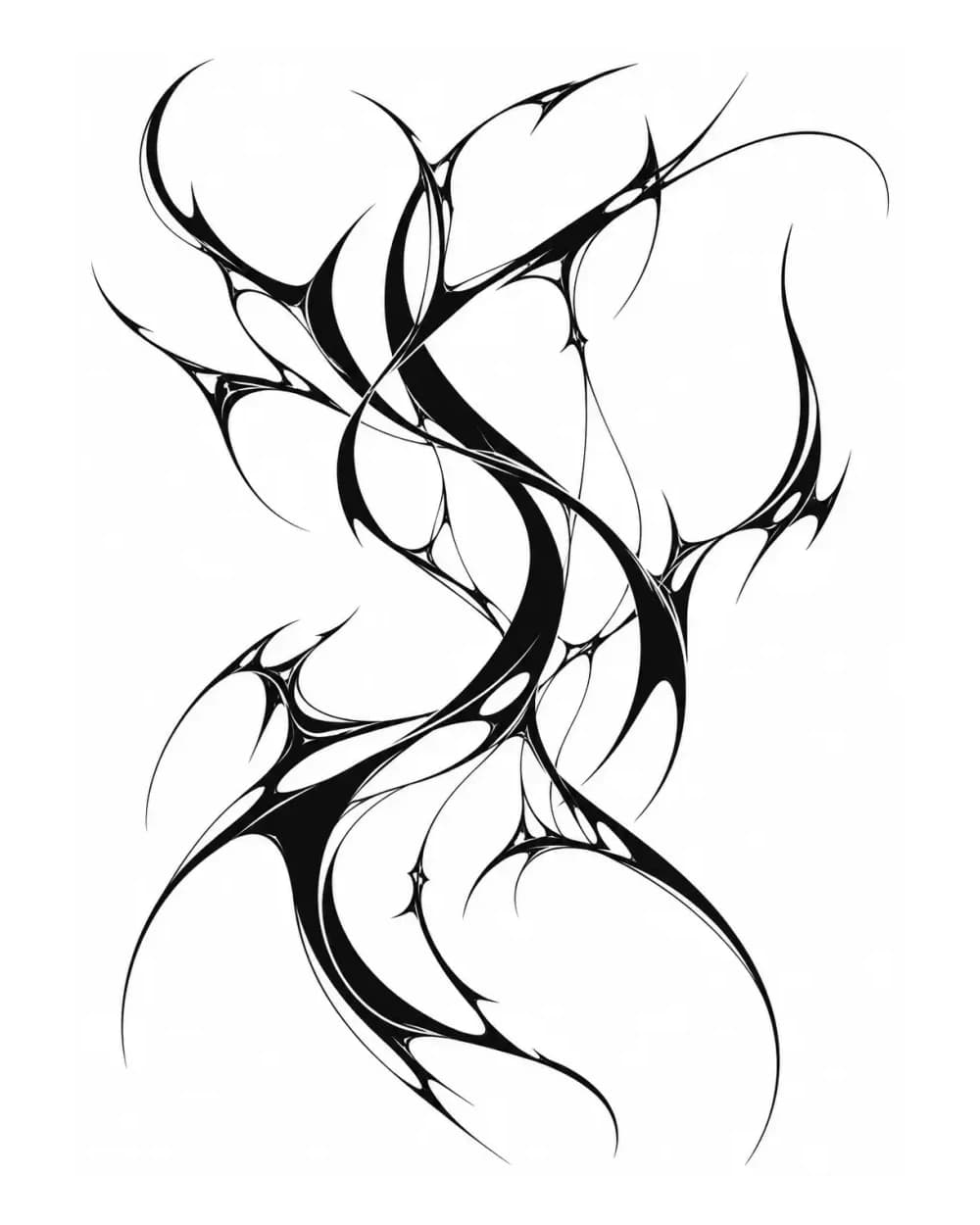Ribbon bio-organic Cybersigilism tattoo stencil with elastic flowing blades