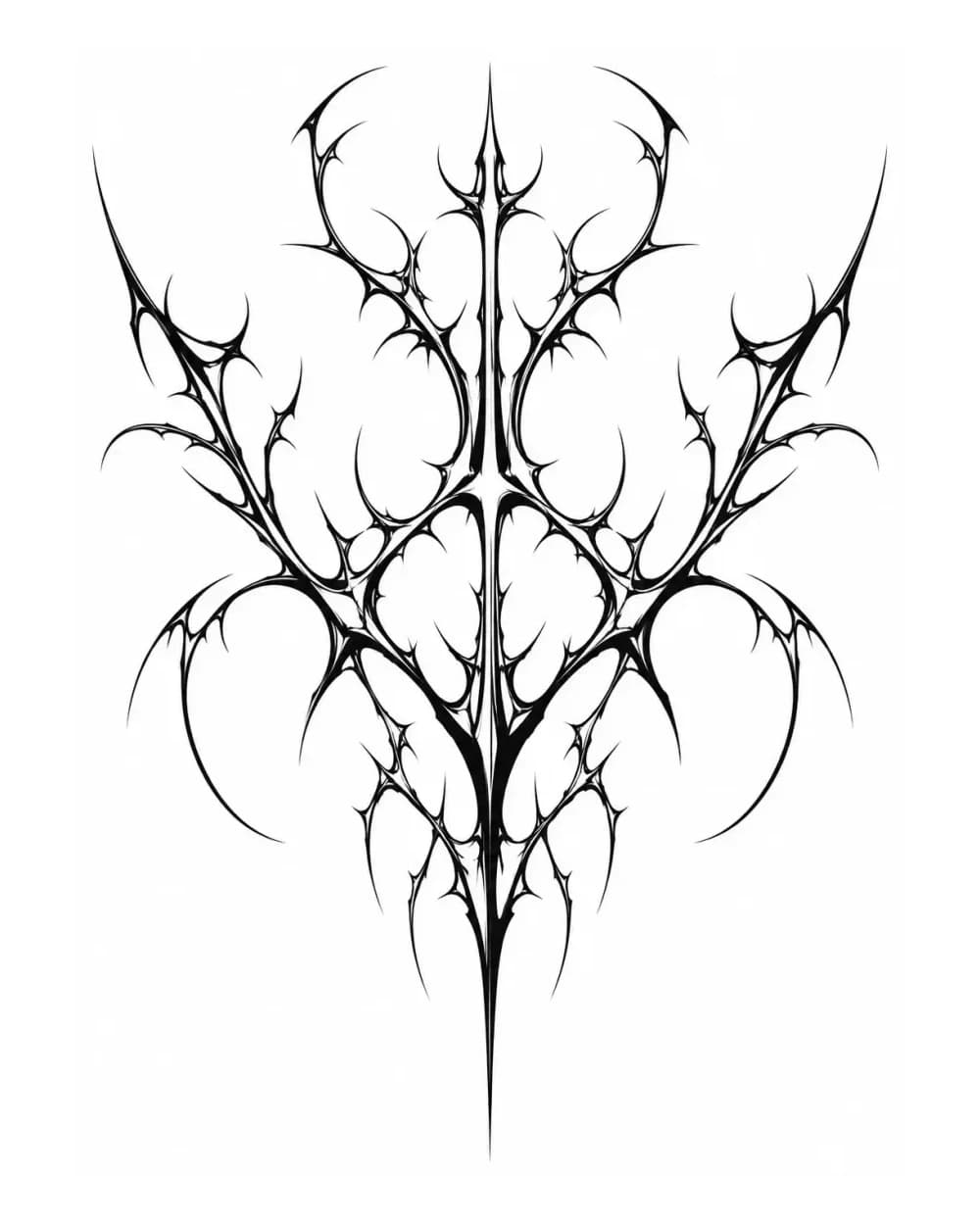 Cybersigilism tattoo stencil with branching thorn and barb network