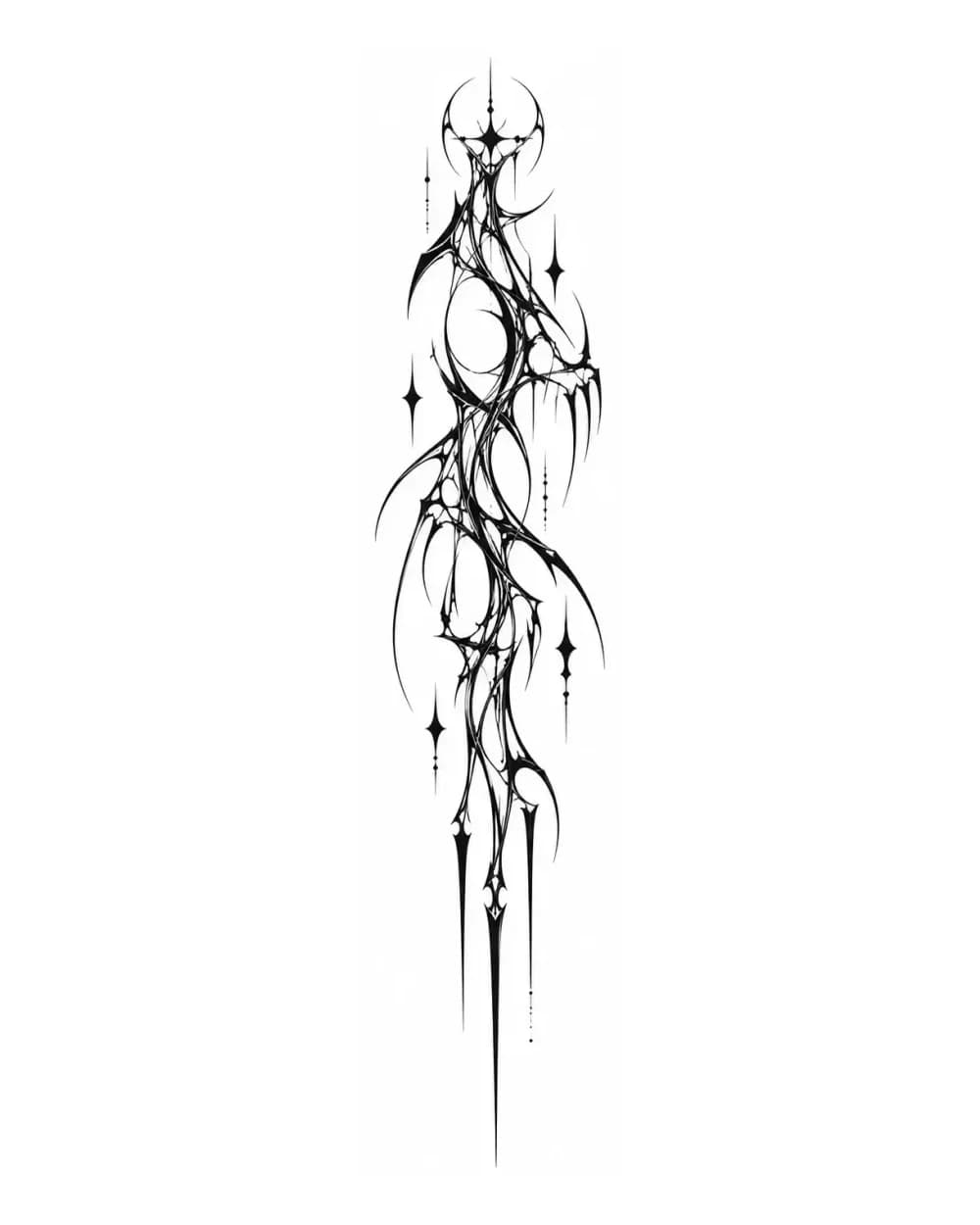Elongated vertical Cybersigilism tattoo stencil with linked abstract nodes