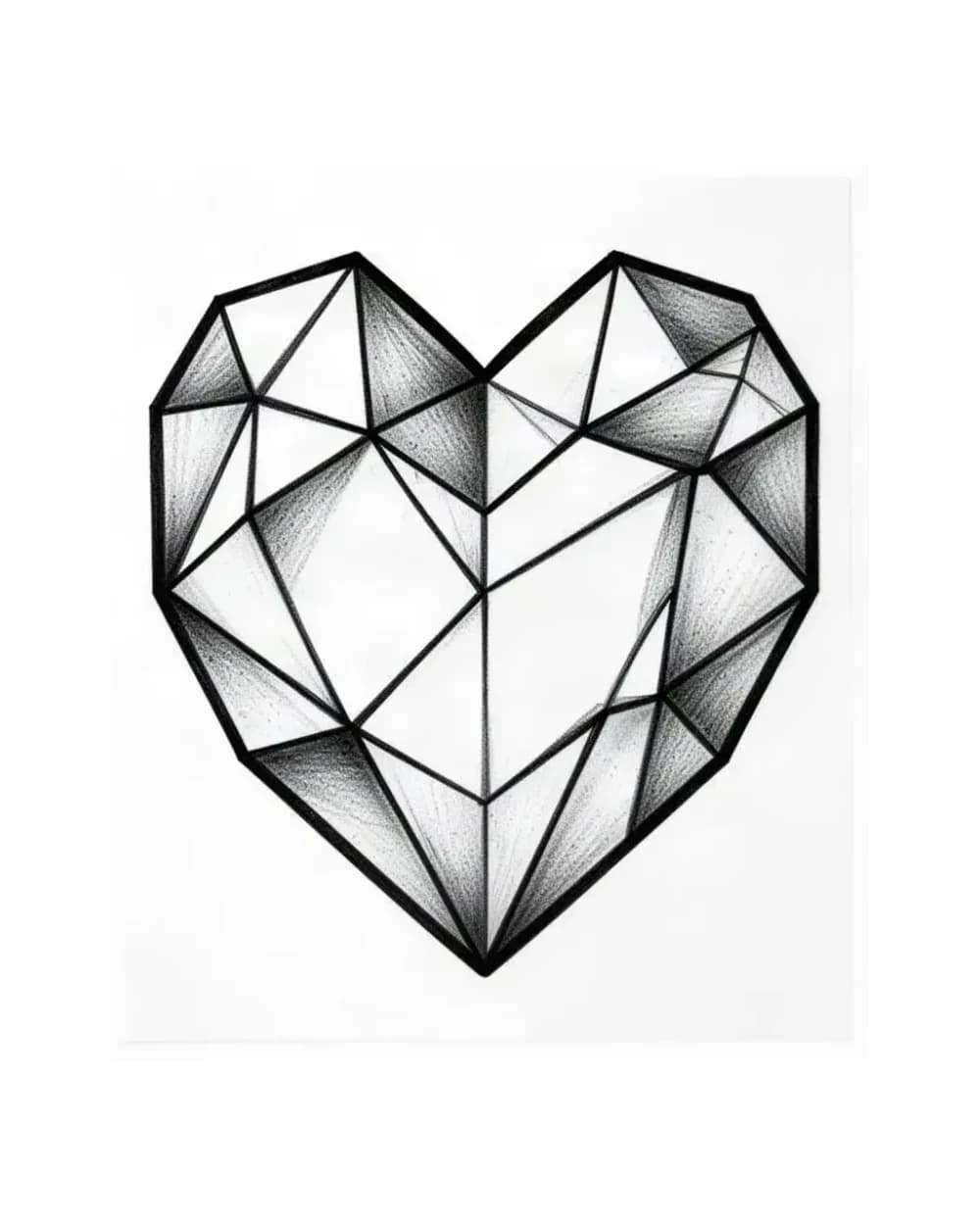 Faceted geometric heart stencil with straight separation lines used to illustrate symmetrical construction and joint retention
