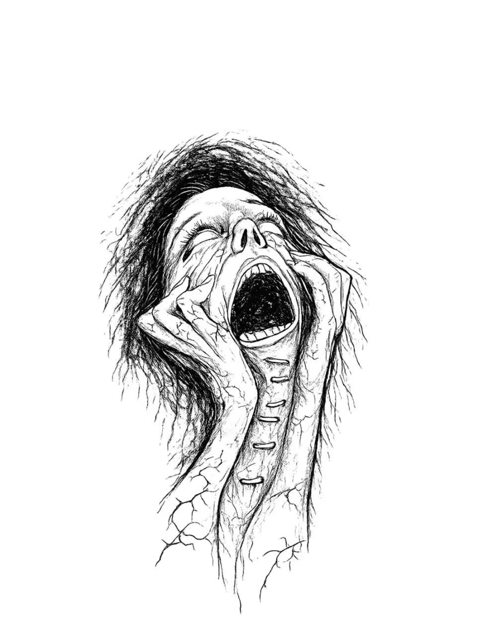 People tattoo stencil example featuring a screaming horror portrait