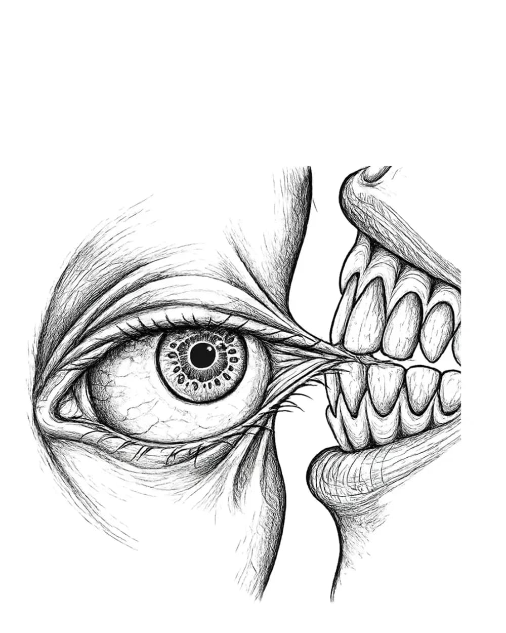 People tattoo stencil example featuring an eye-and-teeth split portrait