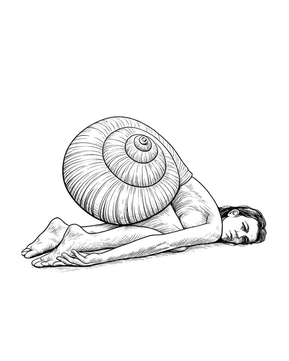 People tattoo stencil example featuring a woman curled beneath a snail shell