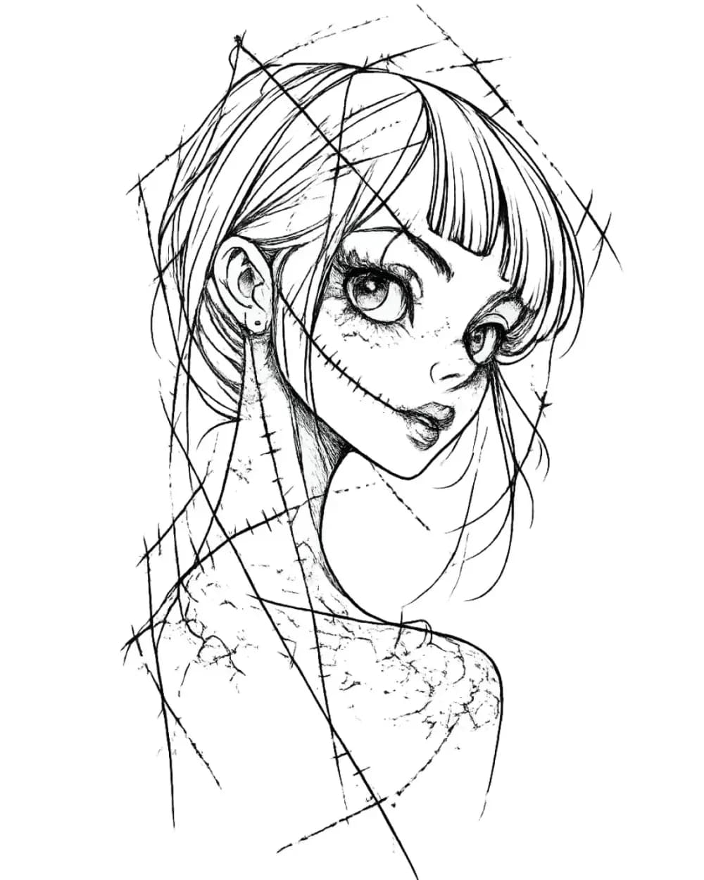 stylized woman portrait tattoo stencil example
