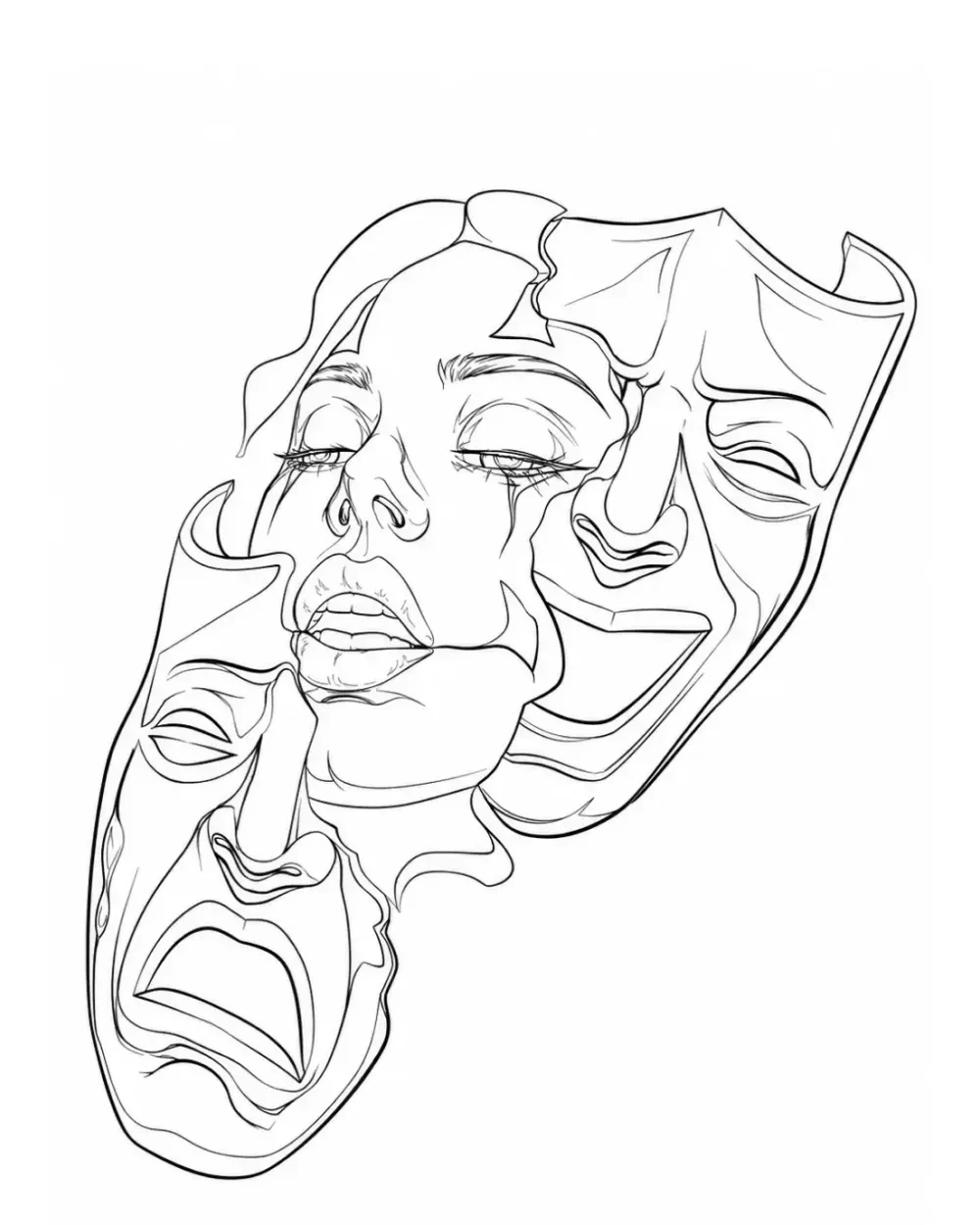 Woman with integrated theater masks tattoo stencil example