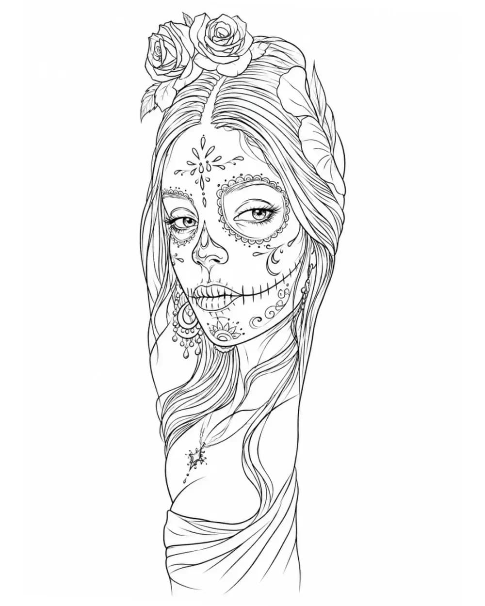 Día de los Muertos sugar skull portrait tattoo stencil example