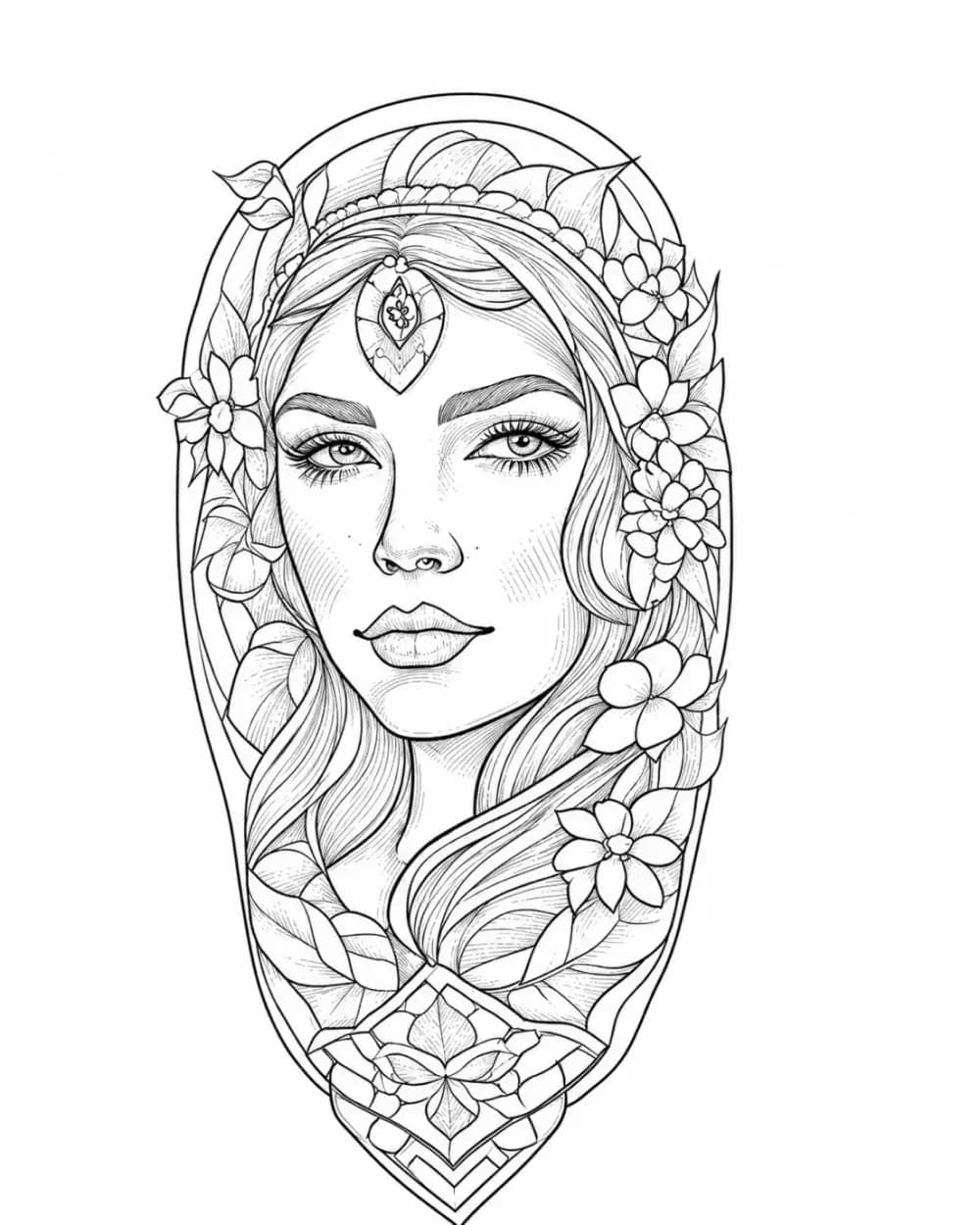 woman portrait with floral headpiece tattoo stencil example