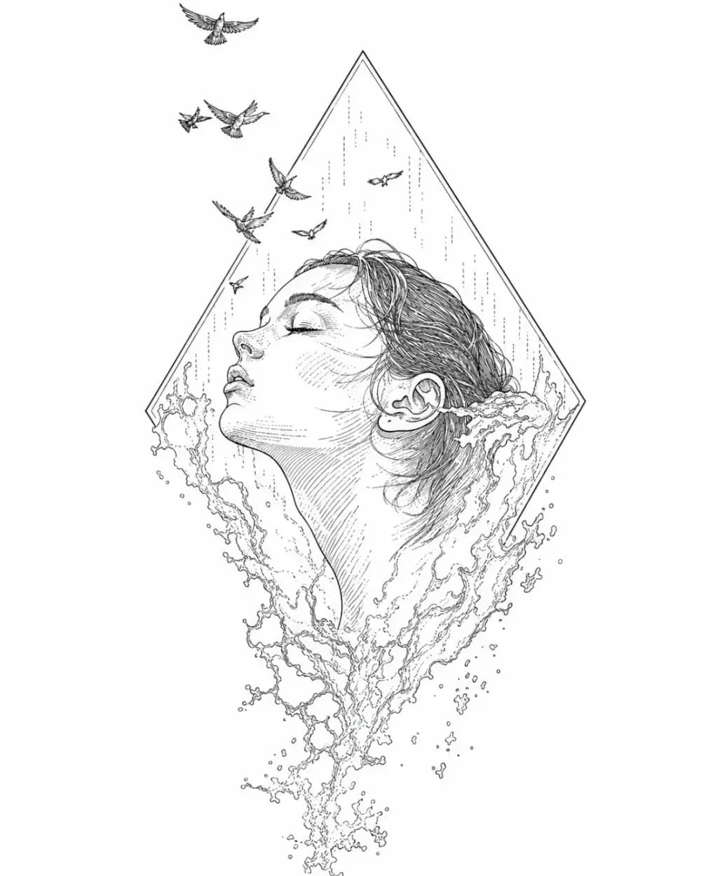 woman profile with water and birds tattoo stencil example