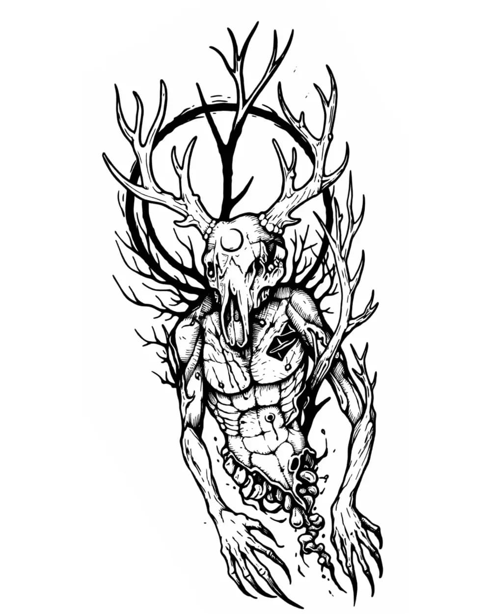 Skull tattoo stencil example featuring a deer skull figure