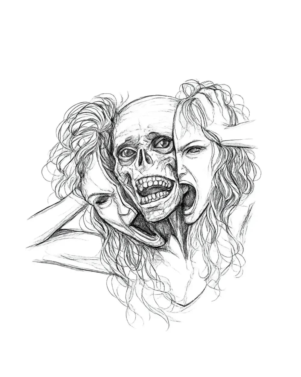 Skull tattoo stencil example featuring a central human skull framed by two women