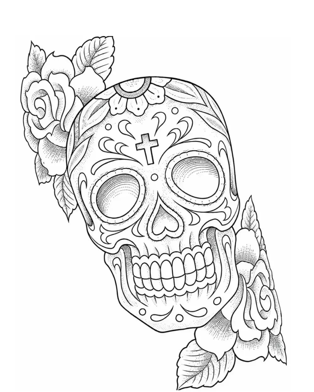 sugar skull with roses tattoo stencil example