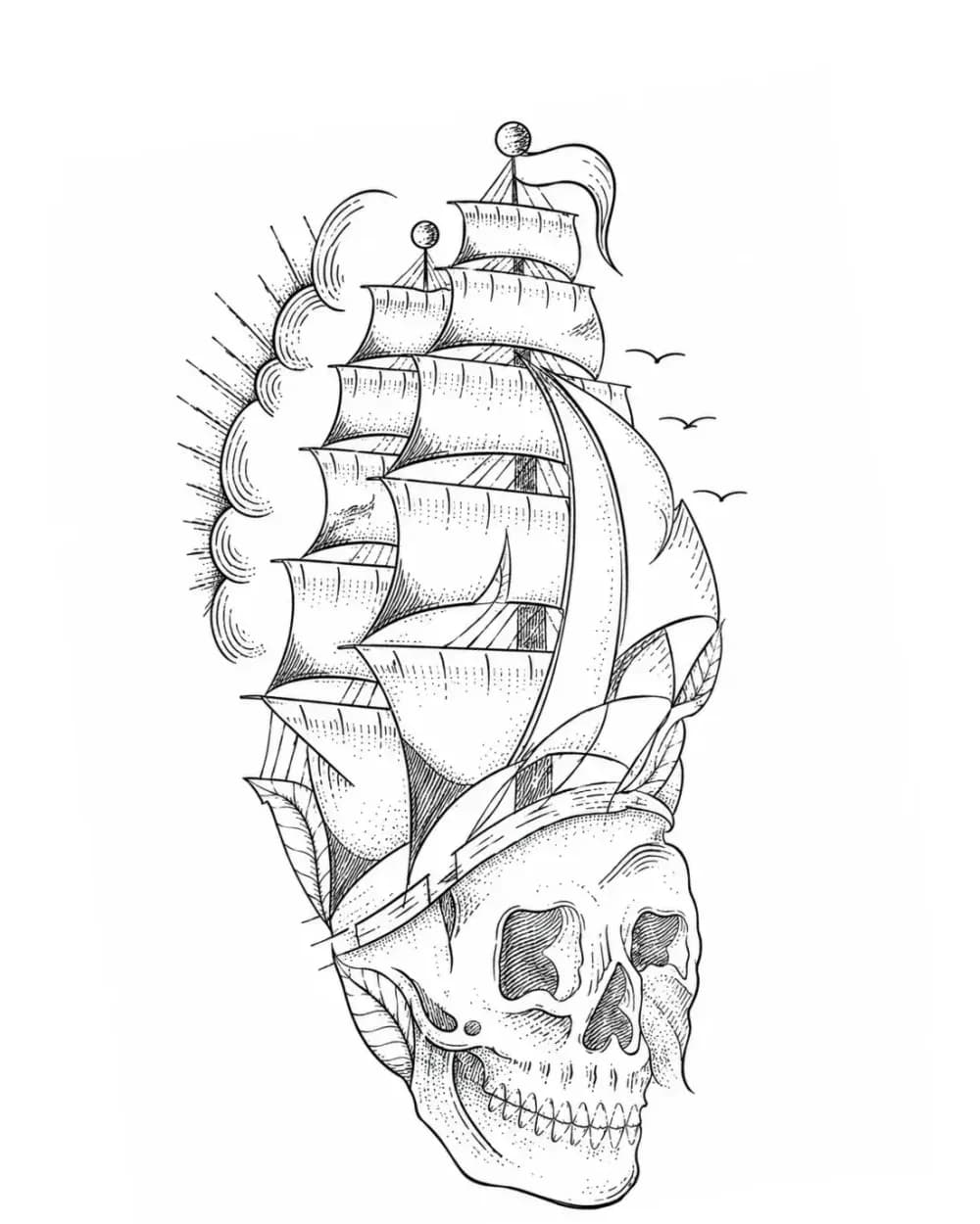 skull with sailing ship tattoo stencil example