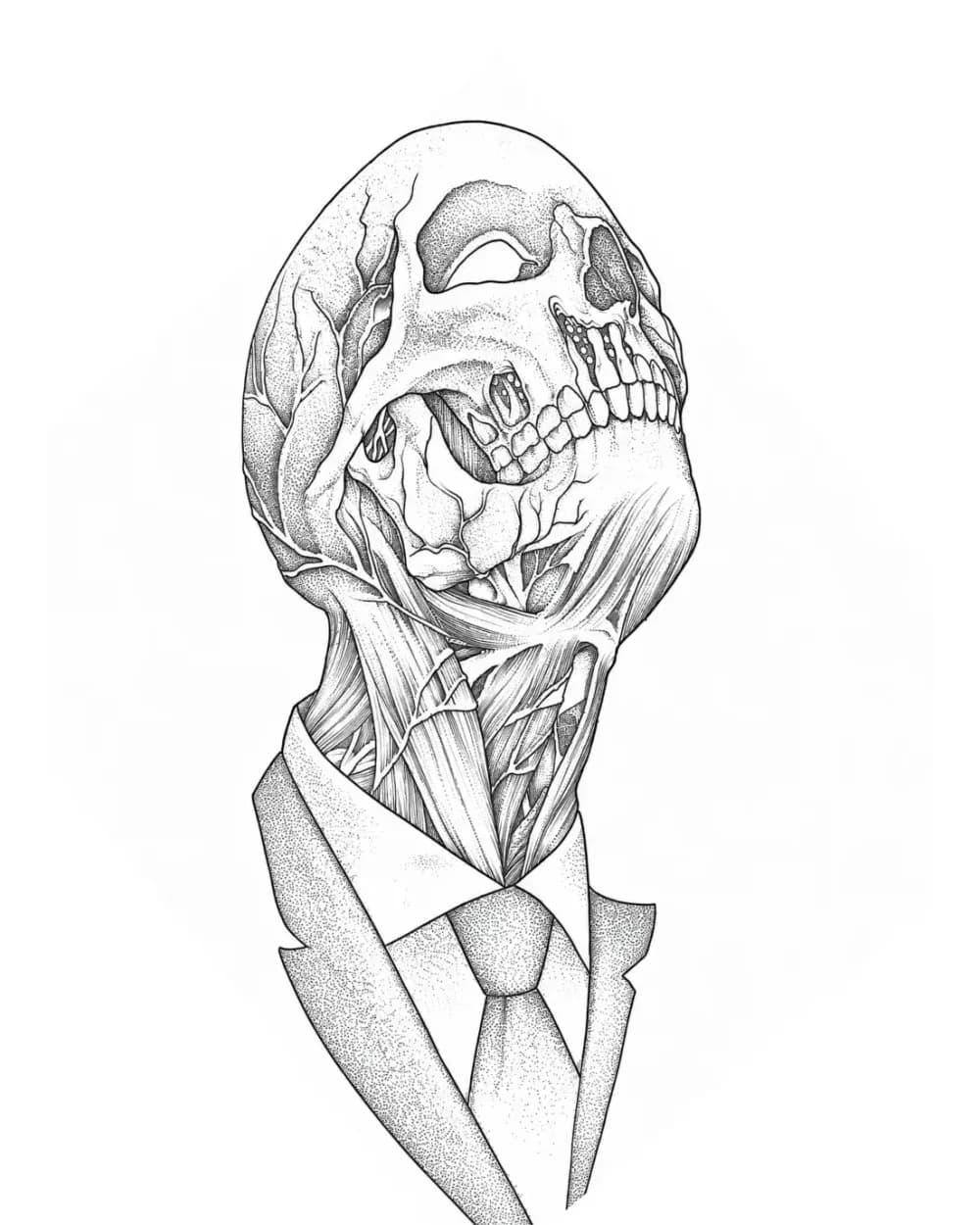 Skull and neck anatomy realism tattoo stencil with cranial landmarks, exposed musculature, and selective interior detail