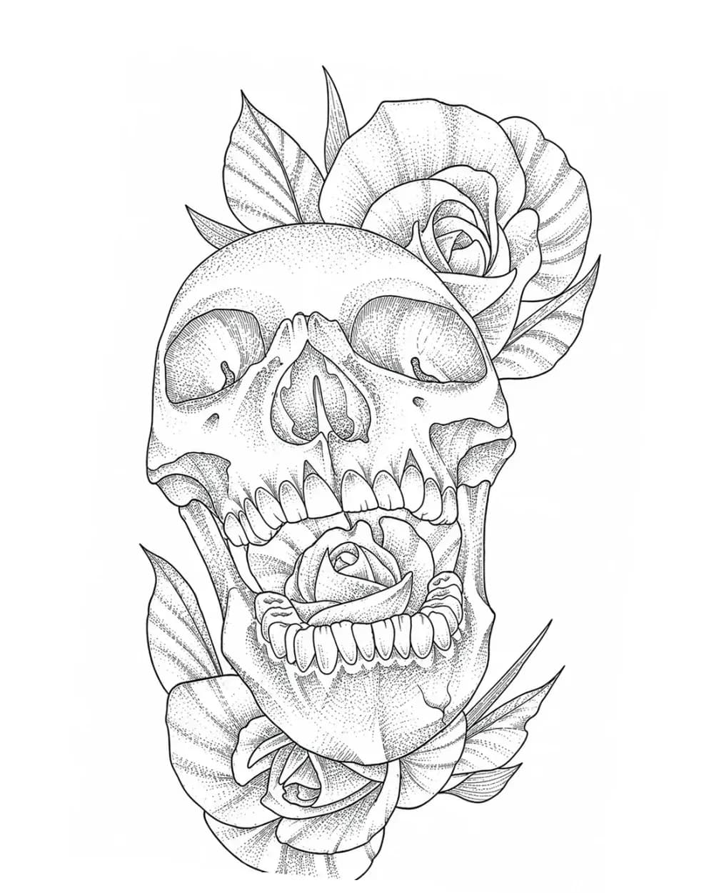skull with roses tattoo stencil example
