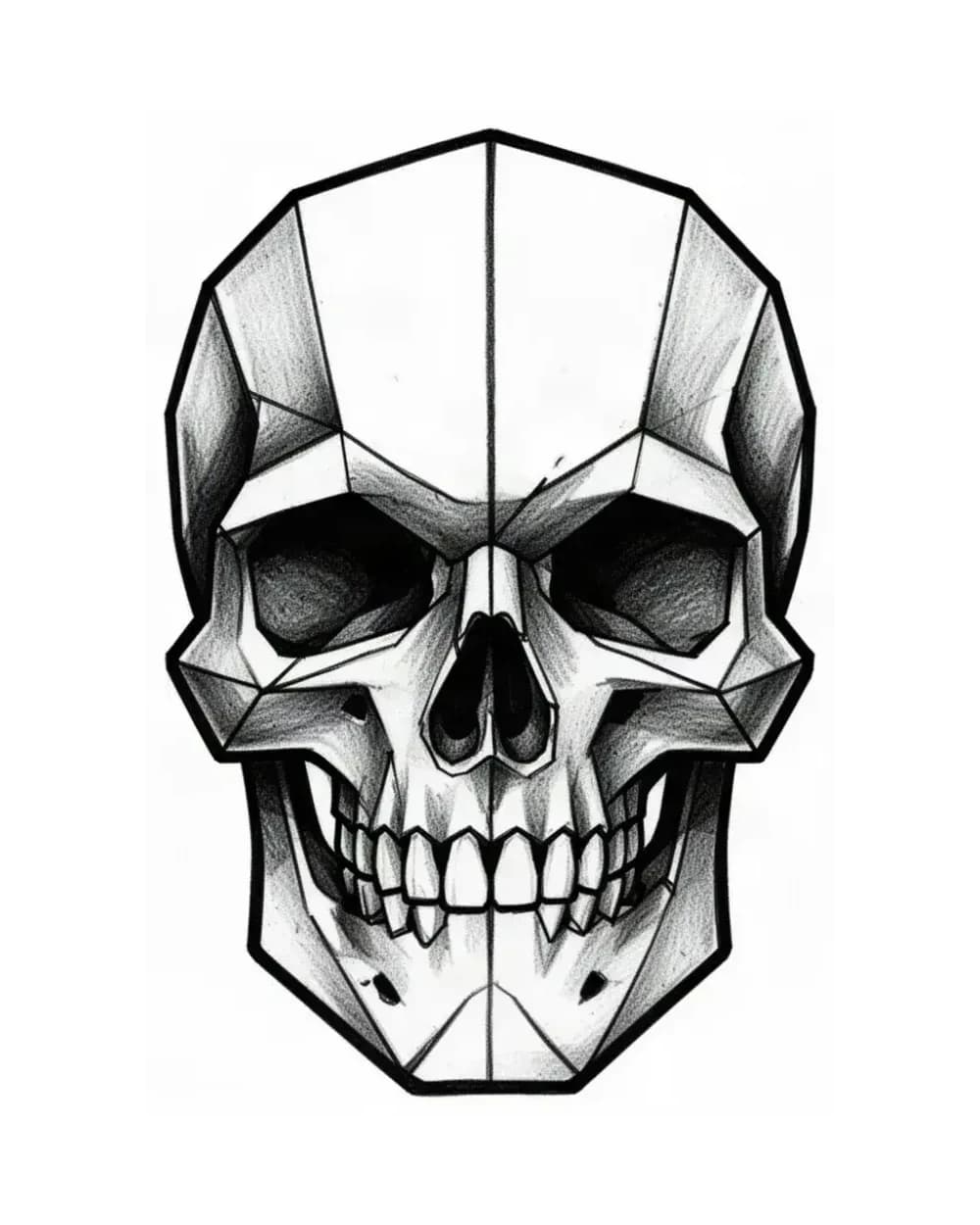 Faceted geometric skull stencil with straight planes used to illustrate how support detail stays subordinate to construction