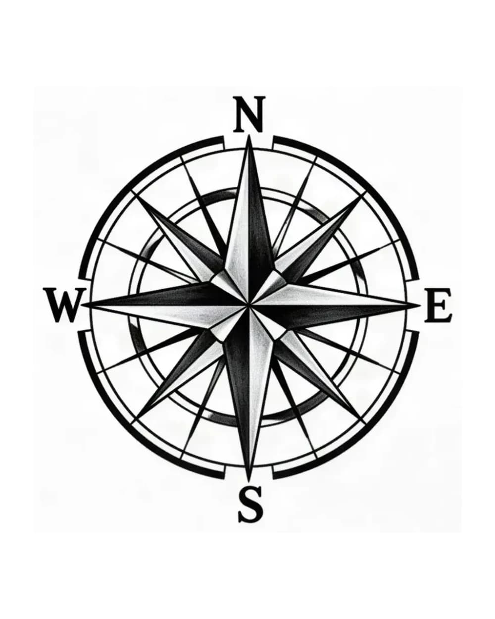 Compass rose stencil with eight points and geometric ring used to illustrate repeat consistency around a center